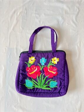 Guatemalan Floral Pouch Purple mini tote Bag Hand Embroidered